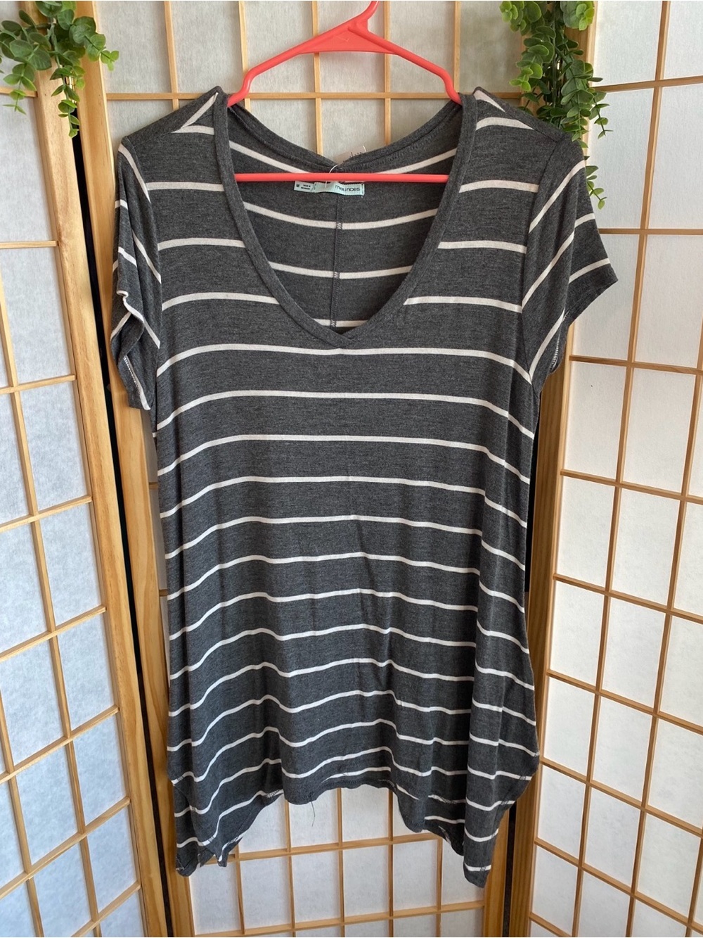 Maurices Charcoal Gray & White Striped V-Neck Tee